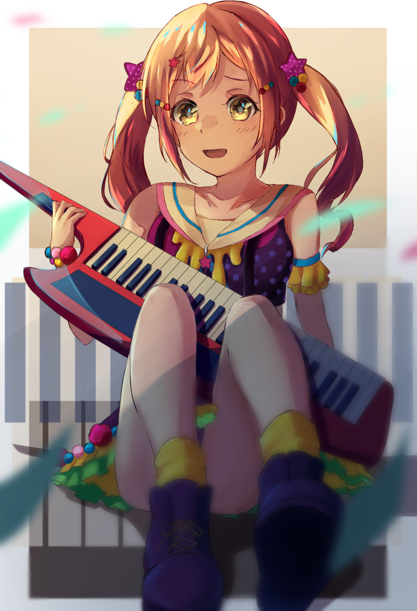 1girl bang_dream! bead_bracelet beads bracelet brown_eyes brown_hair convenient_leg hair_ornament highres ichigaya_arisa instrument jewelry keytar kyarage_(soda) medium_hair necklace polka_dot poppin'party purple_footwear short_twintails sitting socks solo star star_hair_ornament tan_background twintails yellow_legwear