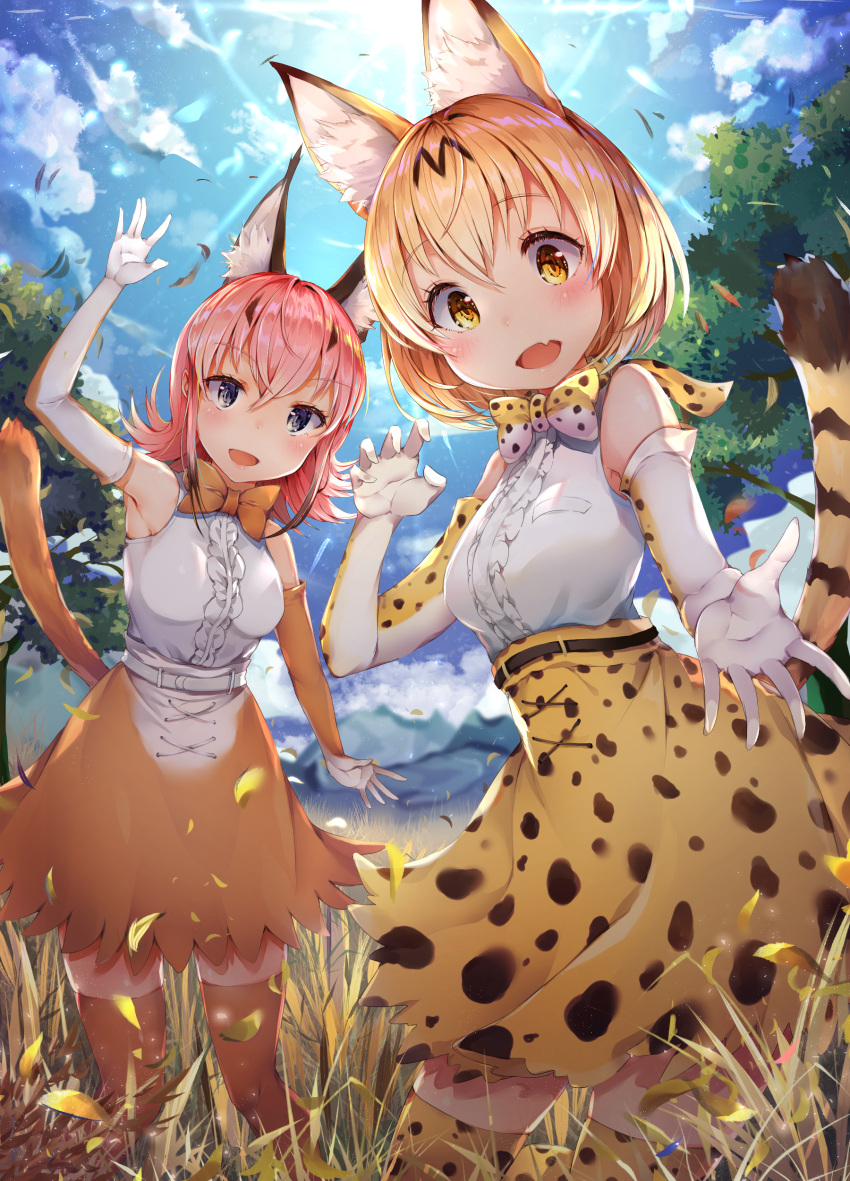2girls :d absurdres airmisuzu animal_ear_fluff animal_ears arm_up armpits bare_shoulders belt blonde_hair blue_eyes blue_sky blush bow bowtie breasts brown_hair brown_legwear brown_skirt caracal_(kemono_friends) caracal_ears caracal_tail clouds cloudy_sky commentary day elbow_gloves fang frilled_shirt frills gloves grass hand_up head_tilt high-waist_skirt highres kemono_friends leaf looking_at_viewer medium_breasts multicolored_hair multiple_girls nature open_mouth orange_neckwear outdoors pink_hair revision serval_(kemono_friends) serval_ears serval_print serval_tail shirt shirt_tucked_in short_hair skirt sky sleeveless sleeveless_shirt smile standing sunlight tail thigh-highs tree two-tone_hair white_gloves white_shirt yellow_eyes zettai_ryouiki