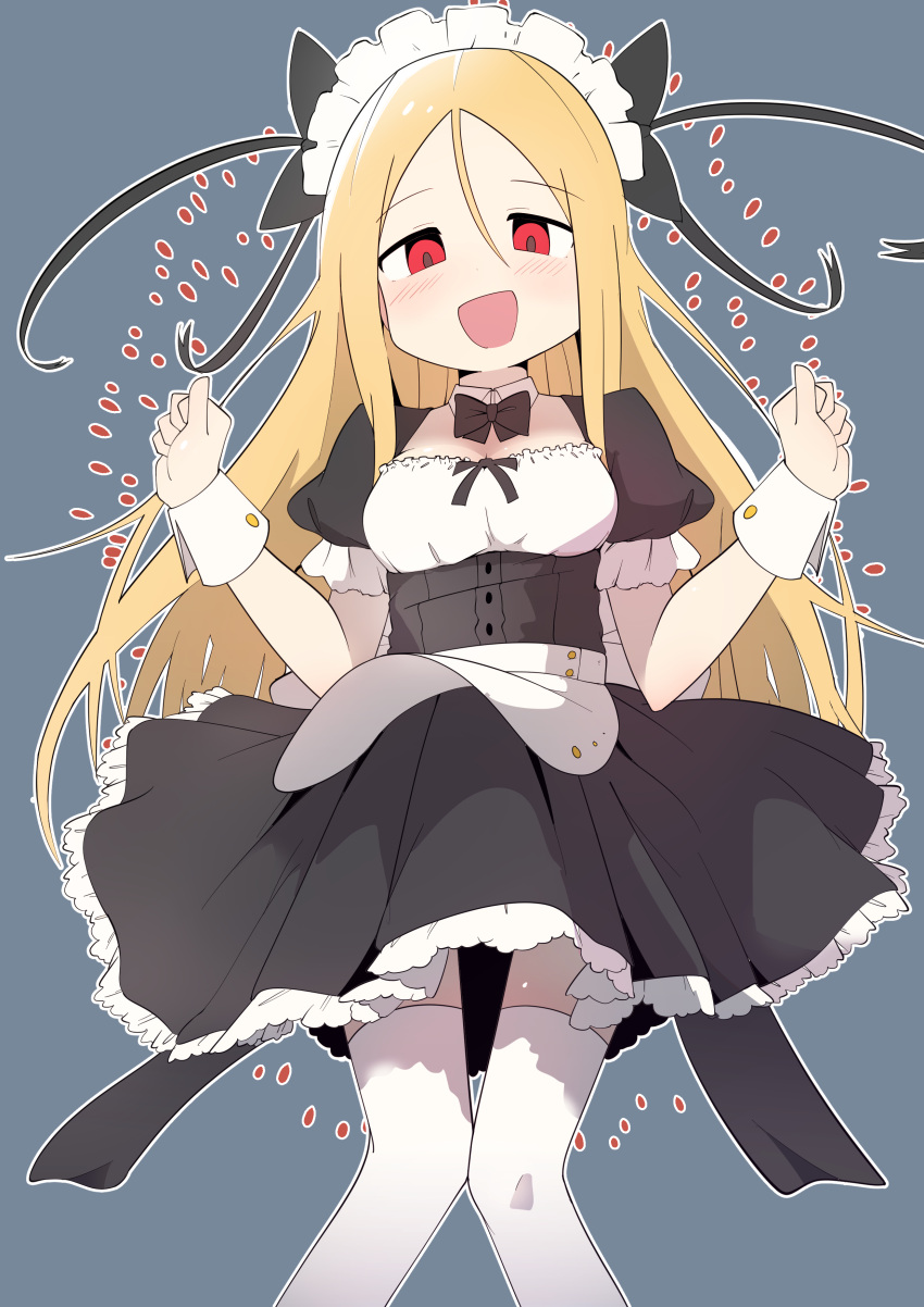 1girl absurdres alternate_costume blonde_hair blush bural_chingu detached_collar detached_sleeves dress enmaided grey_background hair_between_eyes highres lee_ji-min long_hair looking_at_viewer maid maid_headdress open_mouth outline red_eyes simple_background smile solo thigh-highs white_legwear white_outline wweedpic