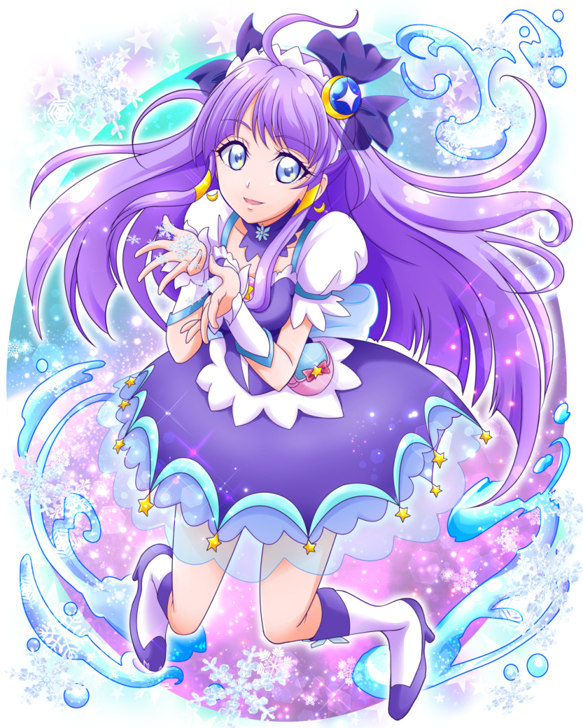 1girl ahoge back_bow blue_bow blue_eyes boots bow crescent crescent_earrings cure_selene detached_collar dress earrings hair_ornament hair_ribbon hair_tubes hanzou highres jewelry kaguya_madoka knee_boots long_hair looking_at_viewer magical_girl precure puffy_sleeves purple_background purple_dress purple_hair purple_ribbon ribbon see-through smile solo star star_twinkle_precure white_footwear wrist_cuffs