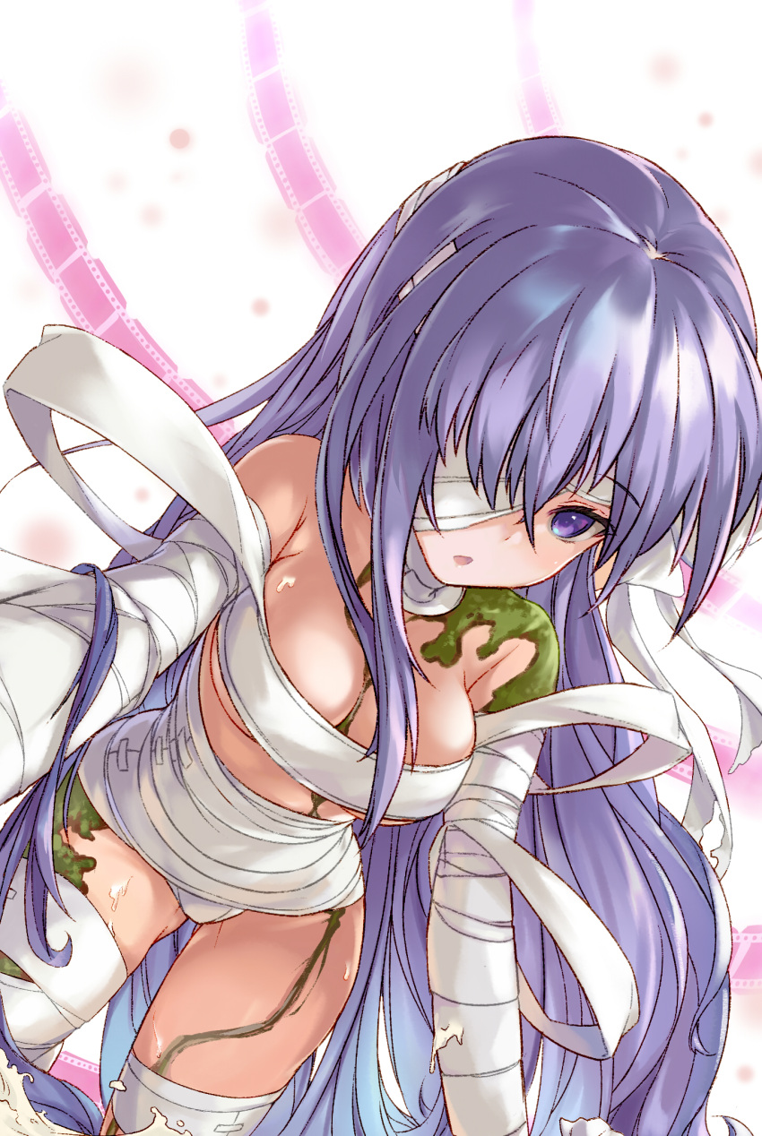 1girl all_fours bandage bandage_over_one_eye bandaged_arm bandaged_leg bandages breasts cleavage fate/extra fate/extra_ccc fate/grand_order fate_(series) giantess highres kingprotea long_hair moss open_mouth purple_hair sarashi shionji_ax solo very_long_hair violet_eyes
