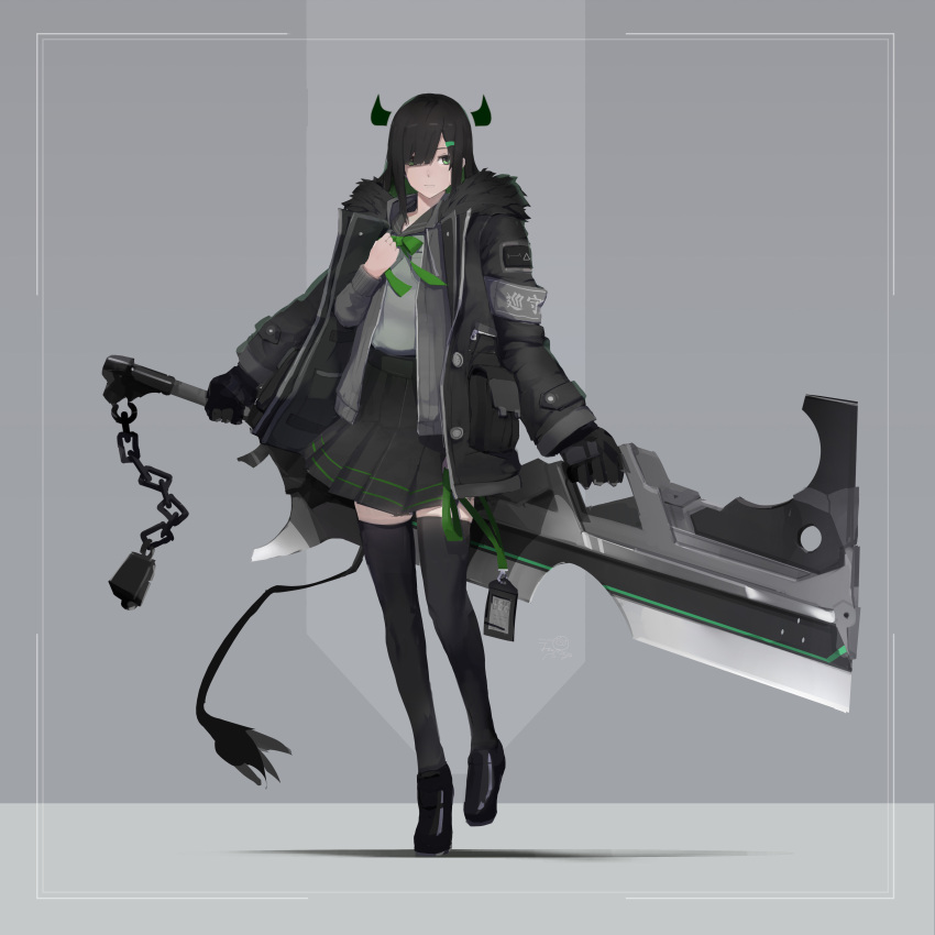 1girl absurdres armband bangs black_footwear black_gloves black_hair black_legwear black_skirt bow buttons chains cow_tail fur_trim gloves green_bow green_eyes green_hair hair_ornament hair_over_one_eye hairclip highres holding holding_sword holding_weapon horns huge_weapon jacket jiang1274 medium_hair multicolored_hair multiple_arms name_tag original pocket skirt solo standing sword tail thigh-highs uniform weapon