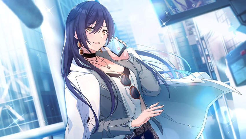 1girl bangs belt black_hair breasts building cellphone choker city cleavage collarbone earrings eyebrows_visible_through_hair hair_between_eyes high_ponytail highres holding holding_phone idolmaster idolmaster_shiny_colors jacket jacket_on_shoulders jewelry large_breasts long_hair necklace official_art outdoors phone ponytail ring shirase_sakuya shirt skyscraper smartphone smile sunglasses talking_on_phone viewfinder white_jacket white_shirt yellow_eyes