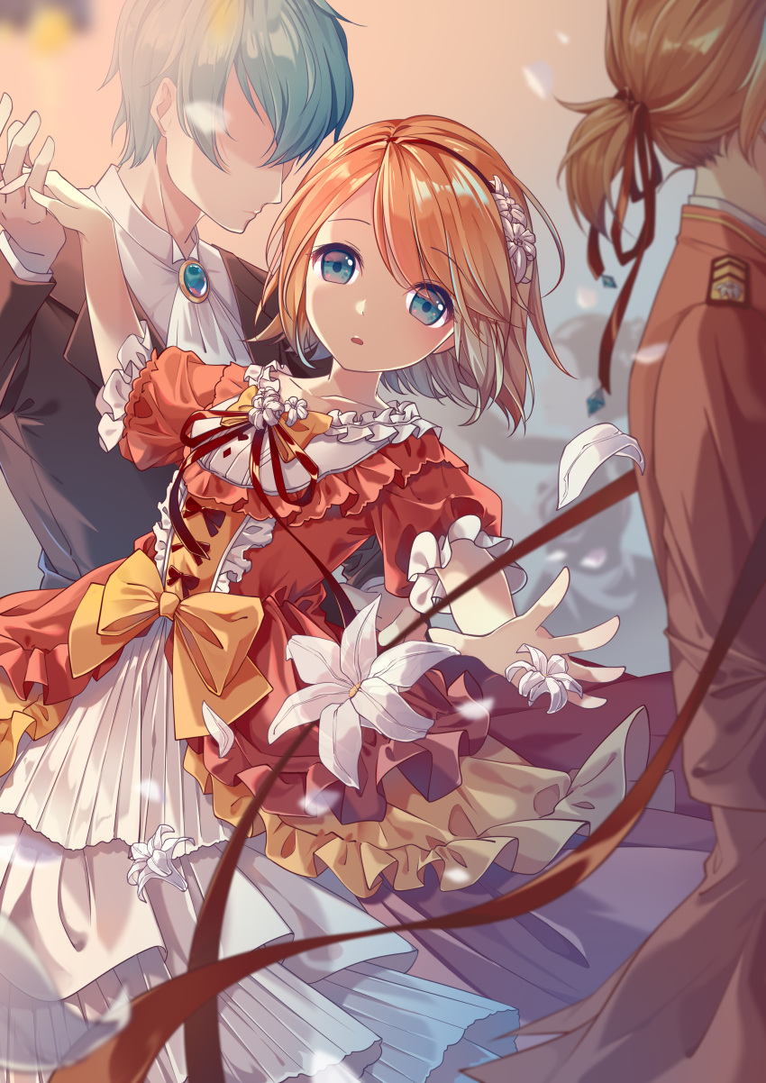 1girl 2boys absurdres amulet blonde_hair blue_eyes blue_hair blurry chaji_xiao_bai dancing depth_of_field dress dress_bow epaulettes faceless faceless_male flower formal frilled_dress frills hair_flower hair_ornament hair_ribbon hand_holding highres kagamine_len kagamine_rin kaito looking_at_viewer maid multiple_boys open_mouth out_of_frame outstretched_arm petals ponytail red_dress ribbon short_hair suit tuxedo uniform upper_body vocaloid