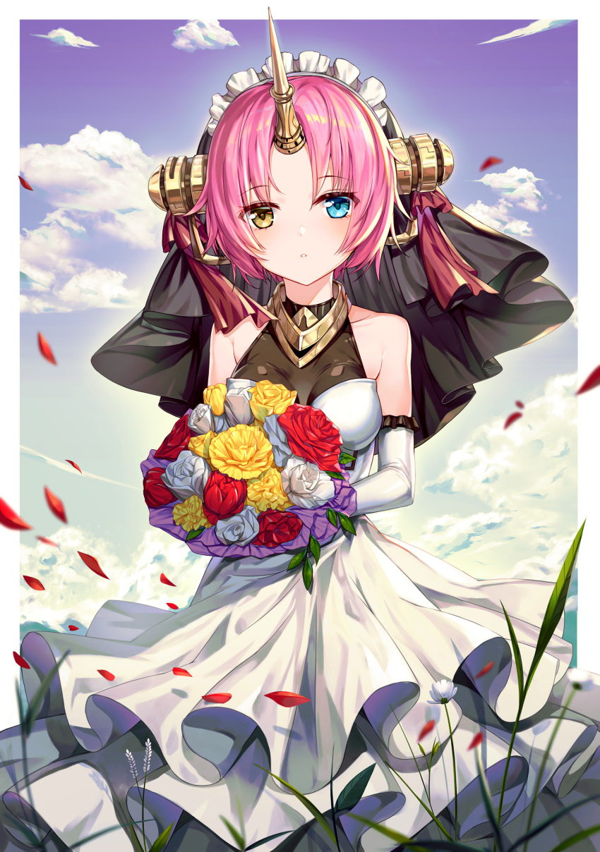 1girl :o bangs blue_eyes blue_sky blush bouquet breasts brown_eyes btraphen clouds cloudy_sky collarbone commentary_request day dress elbow_gloves fate/grand_order fate_(series) flower frankenstein's_monster_(fate) gloves highres holding holding_bouquet horn looking_at_viewer medium_breasts parted_bangs parted_lips petals pink_hair red_flower red_rose rose sky sleeveless sleeveless_dress solo veil white_dress white_flower white_gloves white_rose yellow_flower yellow_rose