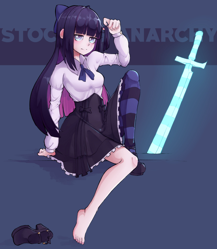 1girl barefoot bow feet gothic_lolita hair_bow highres k-rha's lolita_fashion long_hair multicolored_hair official_style panty_&amp;_stocking_with_garterbelt shoe_removed soles stocking_(psg) striped striped_legwear thigh-highs toes two-tone_hair