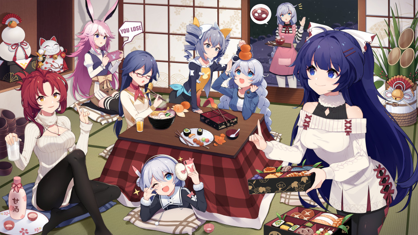 6+girls ahoge alcohol animal_ears apron bangs bare_shoulders black_legwear blue_eyes blue_hair blush bottle bow braid breasts bronya_zaychik casual chopsticks cleavage cleavage_cutout closed_mouth commentary_request cup cushion dango dress drill_hair earmuffs eyebrows_visible_through_hair food food_on_head fox_ears fruit fruit_on_head fu_hua fur_trim grin hair_between_eyes hair_bow hair_ornament hairband hand_up happy_new_year highres holding holding_chopsticks holding_cup holding_handheld_game_console holding_tray honkai_(series) honkai_impact_3 index_finger_raised jacket jewelry kadomatsu kagami_mochi kallen_kaslana kiana_kaslana kotatsu large_breasts logo long_hair looking_at_viewer mandarin_orange maneki-neko medium_breasts multiple_girls murata_himeko necklace new_year object_on_head open_mouth osechi pantyhose parted_lips pink_hair plate playing_games ponytail raiden_mei ribbed_sweater sake_bottle saucer seiza sharlorc shirt shiruko_(food) shouji side_braid sidelocks silver_hair sitting sliding_doors small_breasts smile sparkle spoken_food sushi sweater sweater_dress table tatami theresa_apocalypse thigh-highs translated tray turtleneck twin_braids twin_drills very_long_hair wagashi watermark white_legwear yae_sakura zabuton