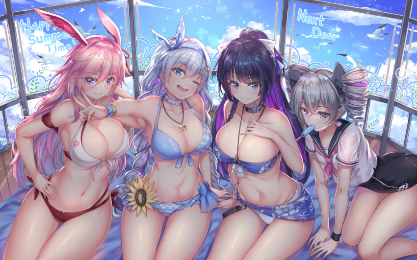 4girls all_fours alternate_costume animal_ears armband bangle bangs bare_shoulders benghuai_xueyuan bikini bird black_swimsuit blue_bikini blue_eyes blue_sky blush bow bracelet braid breasts bronya_zaychik cenangam choker cleavage closed_mouth clouds collarbone day drill_hair earrings eyebrows_visible_through_hair floral_print flower food fox_ears front-tie_bikini front-tie_top grey_eyes grey_hair groin hair_between_eyes hair_bow hair_ornament hairband hand_on_own_cheek hand_on_own_chest highres honkai_(series) honkai_impact_3 indoors jewelry kiana_kaslana large_breasts light_particles long_hair looking_at_viewer medium_breasts mouth_hold multicolored_hair multiple_girls navel neckerchief necklace one-piece_swimsuit open_mouth pink_hair pink_neckwear popsicle purple_hair raiden_mei sarong seagull side-tie_bikini sidelocks silver_hair sitting sky smile sparkle stomach sunflower swimsuit thighs twin_braids twin_drills twintails two-tone_hair v very_long_hair violet_eyes yae_sakura_(honkai_impact)