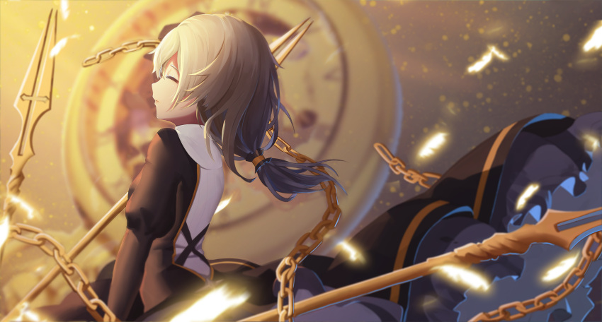 1girl absurdres bangs blurry blurry_background blush breasts chains clock closed_eyes cross_(weapon) dress estcc eyebrows_visible_through_hair feathers from_side gold habit hair_between_eyes hair_ornament highres holding holding_spear holding_weapon honkai_(series) honkai_impact_3 juliet_sleeves long_hair long_sleeves low_ponytail nun parted_lips polearm puffy_sleeves silver_hair small_breasts solo spear theresa_apocalypse weapon wind wind_lift