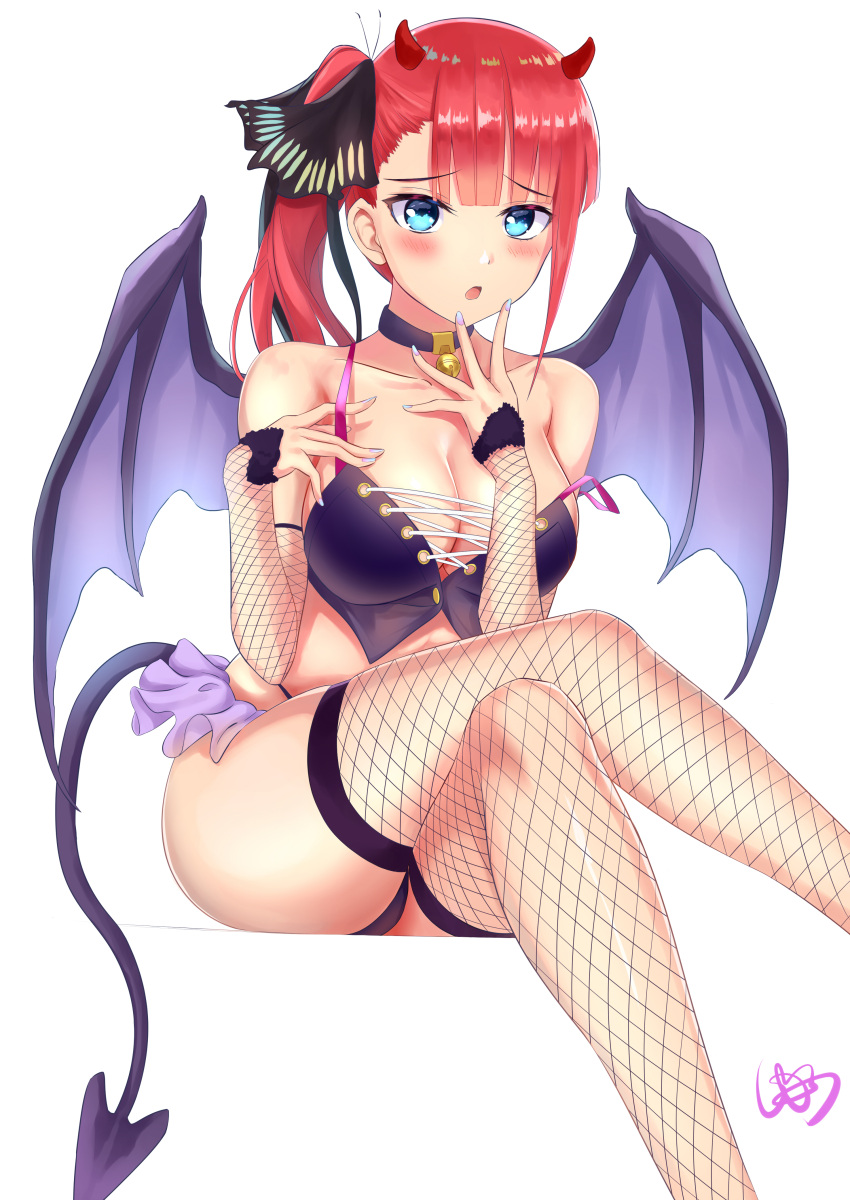 1girl :o absurdres bangs bare_shoulders bell bell_choker black_choker blue_eyes blue_nails blunt_bangs blush breasts butterfly_hair_ornament choker cleavage collarbone commentary_request crop_top cross-laced_clothes demon_girl demon_horns demon_tail demon_wings detached_sleeves eyebrows_visible_through_hair feet_out_of_frame fishnet_legwear fishnets go-toubun_no_hanayome hair_ornament highres horns jingle_bell legs_crossed long_hair looking_at_viewer nail_polish nakano_nino open_mouth panties purple_panties redhead revision showgirl_skirt side_ponytail signature simple_background sitting sleeves_past_wrists solo strap_lift tail thigh-highs thong underwear user_mnwn3283 white_background wings