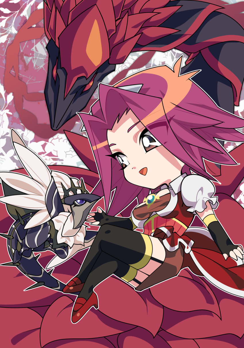 1girl black_rose_dragon breasts duel_monster elbow_gloves fingerless_gloves garter_straps gloves high_heels highres izayoi_aki large_breasts misaka_(missa) multicolored_hair red_eyes redhead short_hair short_hair_with_long_locks streaked_hair thigh-highs yuu-gi-ou yuu-gi-ou_5d's