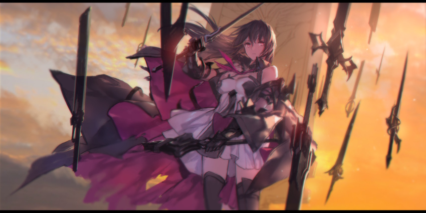 1girl absurdres bare_shoulders black_hair black_legwear breasts cape commentary_request dress dual_wielding floating floating_object gauntlets hair_between_eyes highres holding holding_sword holding_weapon long_hair looking_at_viewer pixiv_fantasia_last_saga red_eyes solo swd3e2 sword thigh-highs weapon