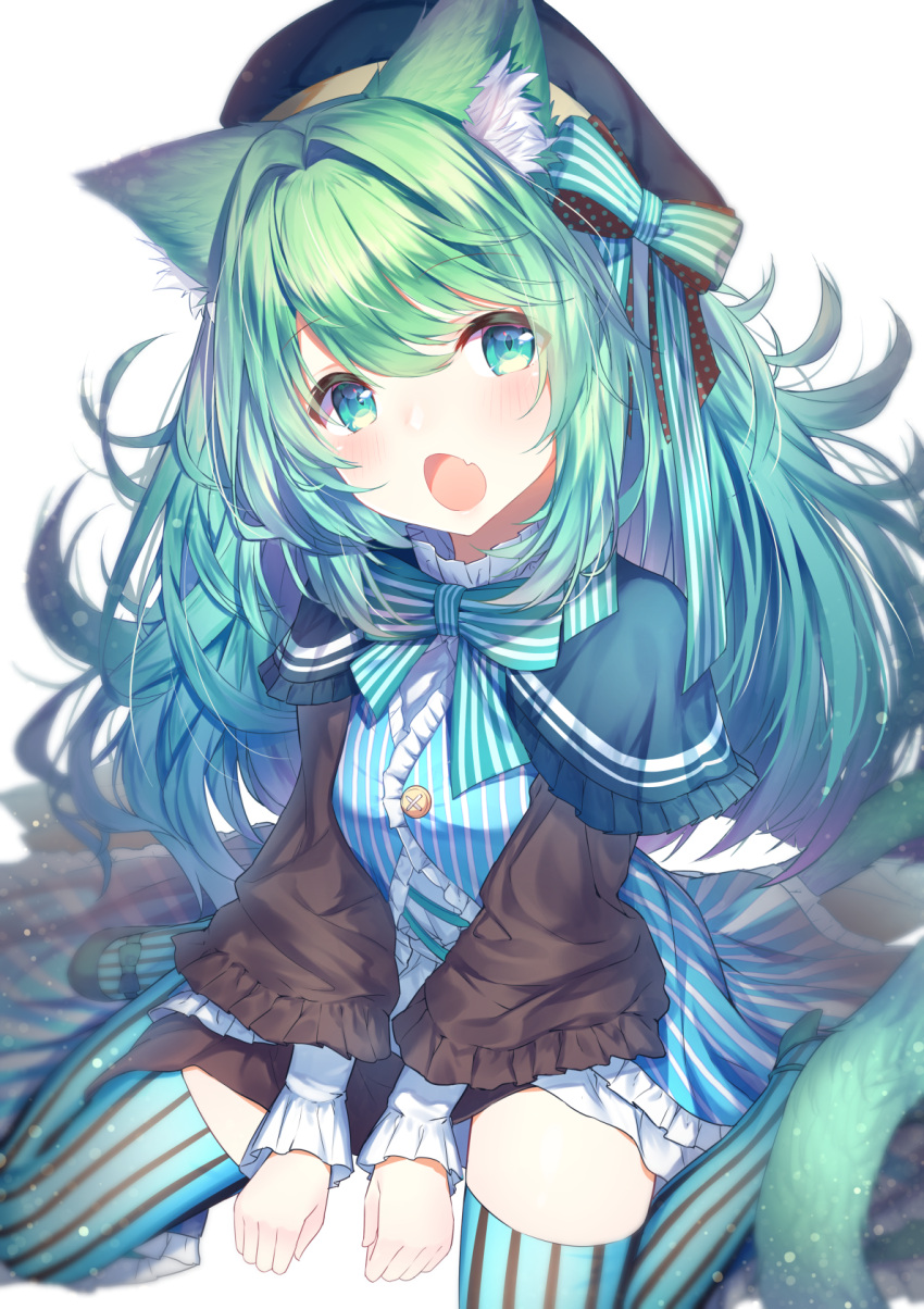 1girl :o animal_ear_fluff animal_ears aqua_eyes between_legs black_hat blurry blush cat_ears cat_girl cat_tail depth_of_field dress fang floating_hair frilled_sleeves frills green_dress green_footwear green_hair green_legwear green_ribbon hair_intakes hat hat_ribbon head_tilt highres light_particles long_hair long_sleeves looking_at_viewer mary_janes open_mouth original polka_dot ribbon shoes simple_background sitting solo striped striped_legwear striped_ribbon tail thigh-highs topia wariza white_background
