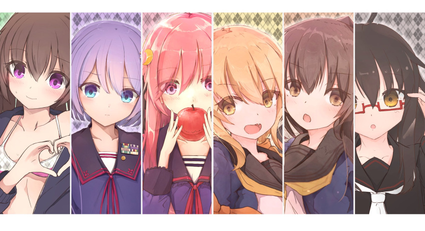 black_hair blonde_hair blue_eyes bra brown_eyes brown_hair fang fumizuki_(kantai_collection) highres jacket kisaragi_(kantai_collection) long_hair mikazuki_(kantai_collection) munehiro_(21plus) open_clothes open_jacket pink_eyes pink_hair purple_hair satsuki_(kantai_collection) short_hair underwear uzuki_(kantai_collection) violet_eyes yayoi_(kantai_collection) yellow_eyes