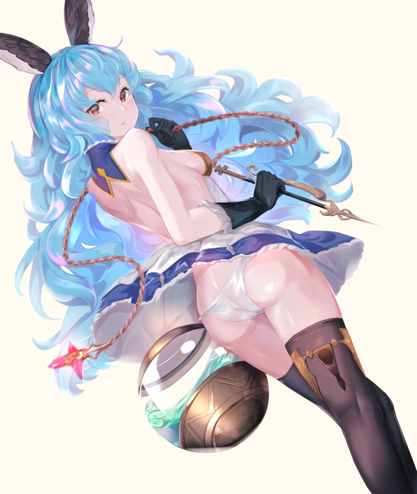 1girl animal_ears aritsuno ass bare_shoulders belt black_gloves blue_hair blue_skirt blush breasts brown_eyes butt_crack commentary dutch_angle earrings erune ferry_(granblue_fantasy) from_behind gloves granblue_fantasy highres holding holding_weapon jewelry long_hair looking_at_viewer loose_belt medium_breasts panties rabbit_ears sideboob simple_background skirt small_breasts solo thigh-highs underwear wavy_hair weapon white_panties wind wind_lift yellow_eyes