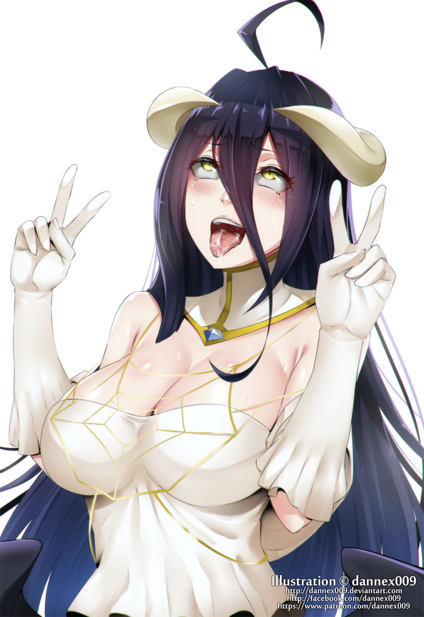 1girl :d ahegao albedo bare_shoulders black_hair black_wings blush breasts cleavage dannex009 demon_girl demon_horns detached_collar double_v dress feathered_wings gloves hair_between_eyes highres horns impossible_clothes impossible_dress large_breasts low_wings open_mouth overlord_(maruyama) saliva slit_pupils smile solo tongue tongue_out upper_body v watermark web_address white_dress white_gloves wings yellow_eyes