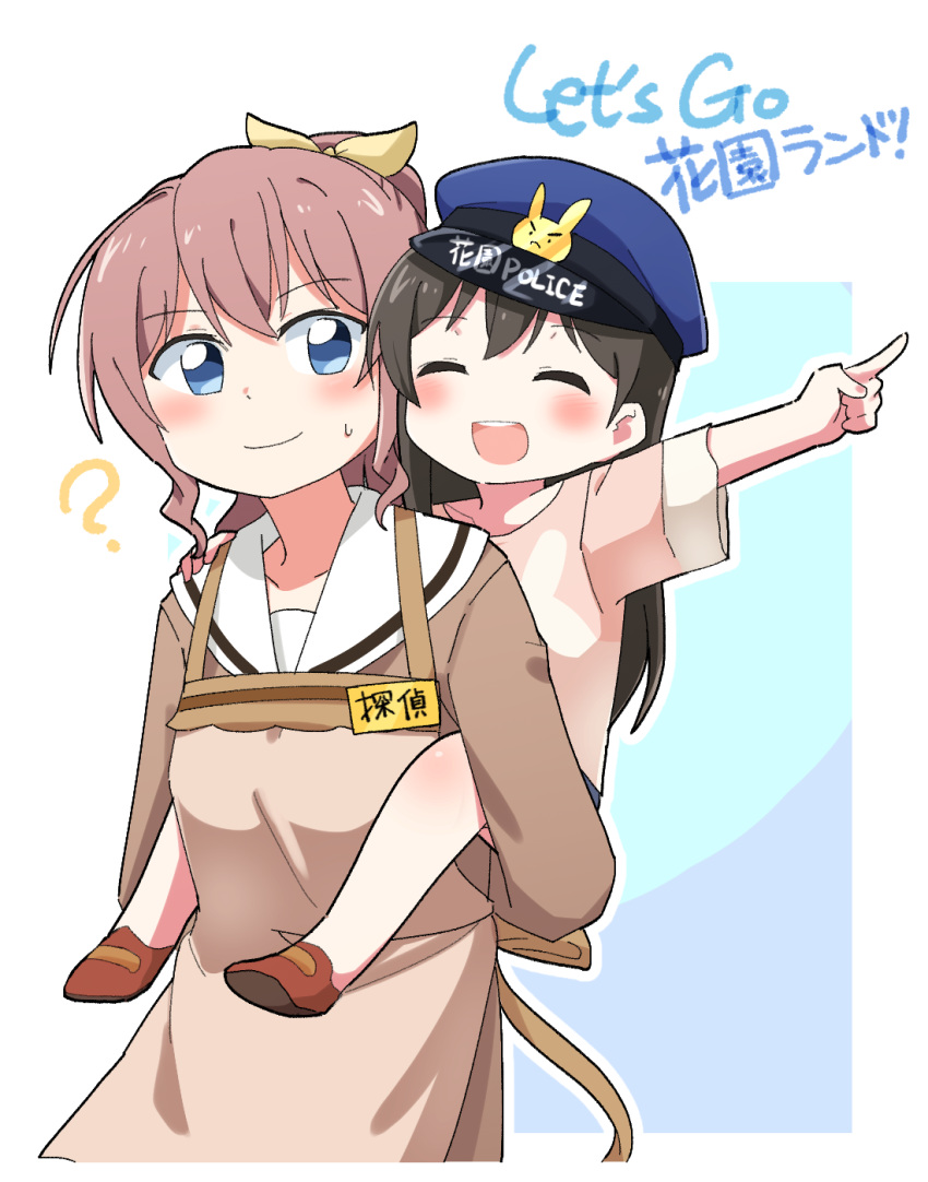 2girls :d ? ^_^ apron bang_dream! bangs black_hair blue_eyes brown_apron brown_dress brown_footwear brown_hair carrying child closed_eyes closed_eyes commentary_request dress gyaheung hair_ribbon hanazono_tae hand_on_another's_shoulder hat highres long_sleeves multiple_girls name_tag open_mouth outline piggyback pink_shirt pointing police_hat ponytail ribbon sailor_dress shirt short_sleeves sidelocks smile sweatdrop time_paradox translation_request upper_body white_outline yamabuki_saaya yellow_ribbon younger