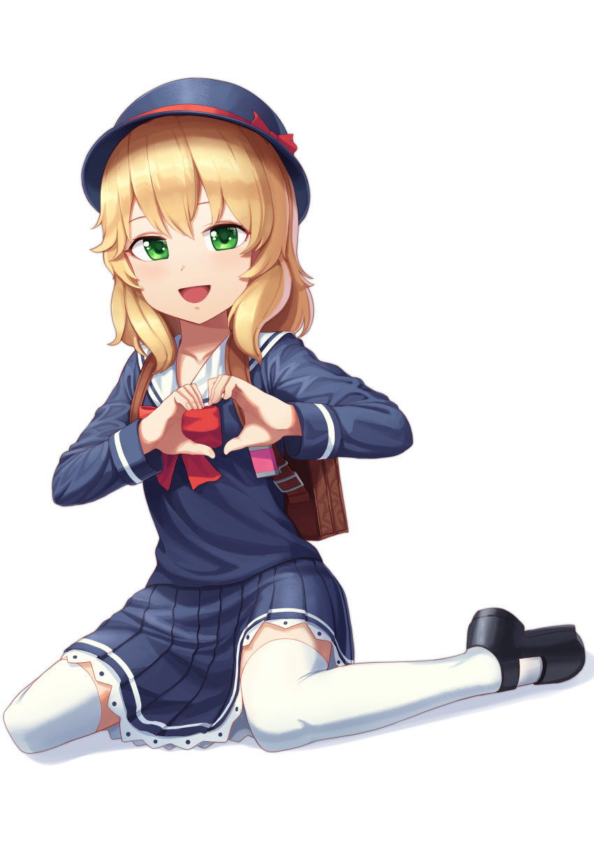 1girl :d absurdres backpack bag bangs black_footwear blk_swdmn blonde_hair blue_hat blue_shirt blue_skirt bow commentary eyebrows_visible_through_hair fingernails full_body goback green_eyes hair_between_eyes hat hat_bow heart heart_hands highres idolmaster idolmaster_cinderella_girls long_hair long_sleeves looking_at_viewer mary_janes open_mouth pleated_skirt red_bow sailor_collar sakurai_momoka school_uniform serafuku shadow shirt shoes sitting skirt smile solo thigh-highs wariza white_background white_legwear white_sailor_collar