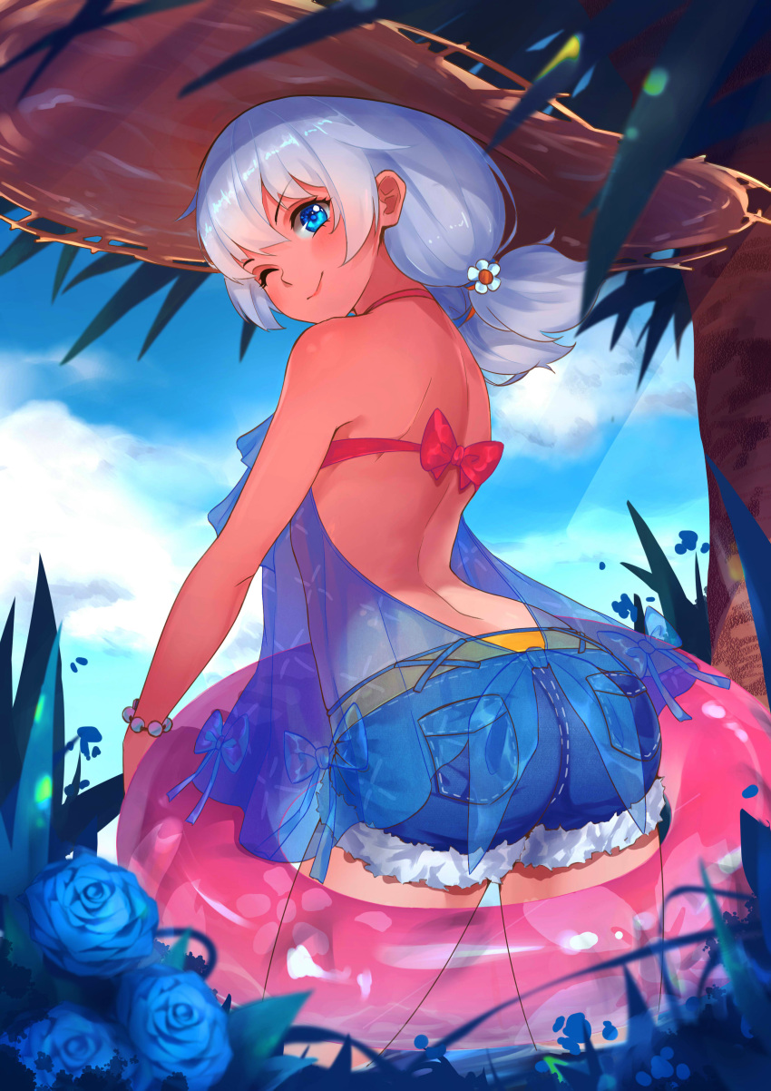 1girl absurdres bangs bare_shoulders bead_bracelet beads belt bikini blue_eyes blue_flower blue_rose blue_shorts blue_sky bracelet clouds day eyebrows_visible_through_hair flower from_behind hair_between_eyes hair_over_shoulder hat highres honkai_(series) honkai_impact_3 innertube jewelry long_hair looking_at_viewer looking_back low_ponytail muta_(csw) one_eye_closed outdoors palm_tree rose shade short_shorts shorts sidelocks silver_hair sky smile solo straw_hat summer_hat swimsuit theresa_apocalypse translucent_dress tree