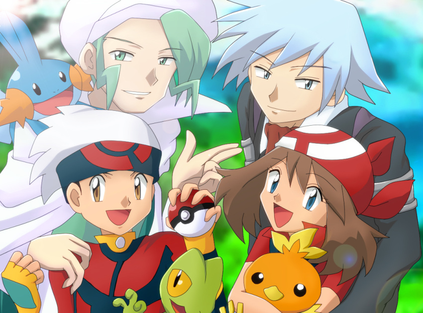 1girl 3boys :d asymmetrical_bangs ball bangs bird black_eyes black_hair blue_eyes brown_eyes brown_hair cape closed_mouth creature creatures_(company) day fingerless_gloves game_freak gen_3_pokemon gloves green_eyes green_hair grey_eyes grey_hair happy haruka_(pokemon) hat holding holding_ball holding_poke_ball holding_pokemon hug long_sleeves looking_at_viewer male_focus medium_hair mikuri_(pokemon) mudkip multiple_boys nintendo open_mouth outdoors poke_ball poke_ball_(generic) pokemon pokemon_(creature) pokemon_(game) pokemon_on_shoulder pokemon_rse red_bandana short_sleeves sidelocks smile torchic treecko tsuwabuki_daigo white_cape white_hat y@mato yellow_eyes yuuki_(pokemon)