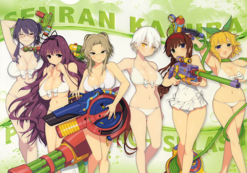 6+girls :d ahoge arm_behind_head arm_up bangs bikini black_ribbon blonde_hair blue_eyes blush bow breasts brown_eyes brown_hair casual_one-piece_swimsuit cleavage floating_hair front-tie_bikini front-tie_top glasses green_bow green_eyes grin groin gun hair_bow hair_ribbon hairband heterochromia highres holding holding_gun holding_weapon huge_breasts large_breasts long_hair looking_at_viewer multiple_girls navel official_art one-piece_swimsuit open_mouth over-rim_eyewear red_hairband ribbon semi-rimless_eyewear senran_kagura short_hair sideboob silver_hair smile solo swimsuit twintails under_boob very_long_hair water_gun weapon white_bikini white_bow white_swimsuit yaegashi_nan yellow_eyes