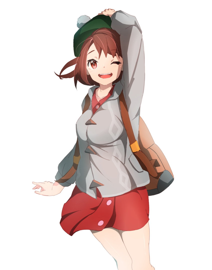 1girl backpack bag bangs brown_eyes brown_hair commentary_request creatures_(company) female_protagonist_(pokemon_swsh) game_freak green_hat hand_on_headwear hat highres long_sleeves looking_at_viewer nintendo open_mouth pokemon pokemon_(game) pokemon_swsh shirt short_hair simple_background smile solo standing tam_o'_shanter user_mdty8235 white_background