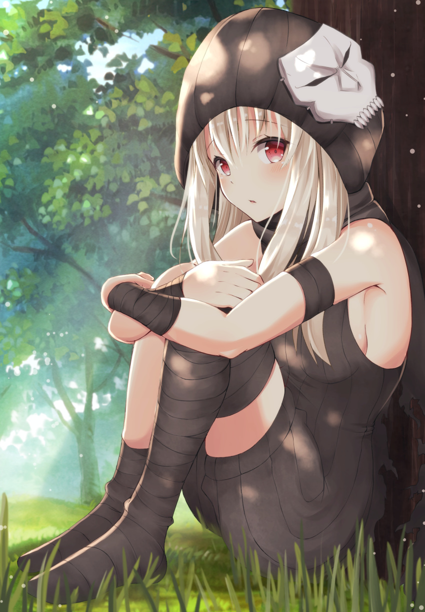 1girl absurdres asymmetrical_legwear bangs bare_shoulders black_jumpsuit black_legwear black_scarf blush breasts cosplay day eyebrows_visible_through_hair fate/kaleid_liner_prisma_illya fate_(series) grass hair_between_eyes highres hood hood_up illyasviel_von_einzbern knees_up leg_hug light_brown_hair long_hair looking_at_viewer mask mask_on_head no_shoes on_grass outdoors parted_lips red_eyes ribbed_jumpsuit scarf short_jumpsuit single_sock single_thighhigh sitting skull_mask sleeveless_jumpsuit small_breasts socks solo thigh-highs tree true_assassin true_assassin_(cosplay) yuzuzukushi