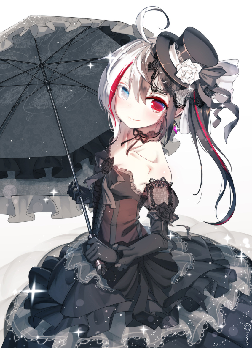 1girl ahoge bai_yemeng bare_shoulders black_dress black_gloves black_hair black_hat blush bow closed_mouth collarbone colored_eyelashes commentary_request dress elbow_gloves flower frilled_umbrella gloves gothic_lolita gradient gradient_background grey_background grey_eyes grey_umbrella hat hat_flower heterochromia highres holding holding_umbrella lolita_fashion long_hair mini_hat mini_top_hat multicolored_hair original red_eyes redhead revision rose smile solo strapless strapless_dress streaked_hair tilted_headwear top_hat umbrella white_background white_bow white_flower white_hair white_rose