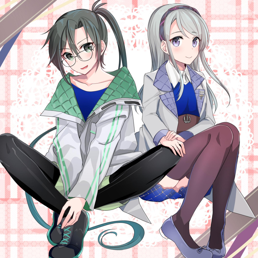 2girls :d amagiri_(kantai_collection) anchor asymmetrical_bangs bangs black-framed_eyewear black_footwear black_legwear blue_shirt blue_skirt collarbone full_body glasses green_shorts grey_eyes grey_hair hair_between_eyes hairband highres jacket kantai_collection lavender_footwear long_hair looking_at_viewer multiple_girls open_mouth pantyhose ponytail pumps purple_hairband purple_legwear sagiri_(kantai_collection) shirt shoes shorts silver_hair sitting skirt smile sneakers swept_bangs tareme thigh-highs tsurime very_long_hair violet_eyes white_jacket white_shirt yunamaro