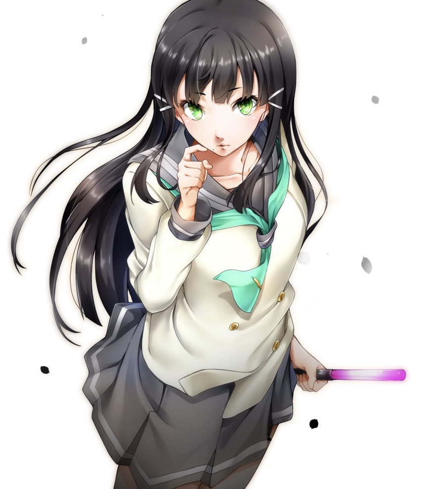 1girl black_hair green_eyes hair_ornament hairpin highres hime_cut imo_(evekelu-111) kurosawa_dia light_stick long_sleeves love_live! love_live!_sunshine!! mole pantyhose parody persona school_uniform style_parody uranohoshi_school_uniform