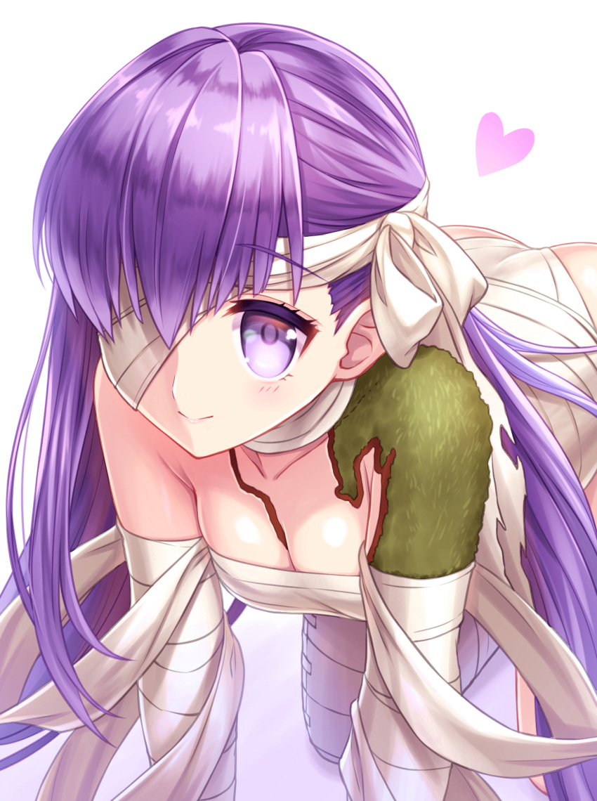 1girl all_fours bandage bandage_over_one_eye bow breasts cleavage closed_mouth fate/grand_order fate_(series) hair_bow heart highres kingprotea long_hair looking_at_viewer medium_breasts moss purple_hair simple_background smile solo tomo_(user_hes4085) violet_eyes white_background white_bow