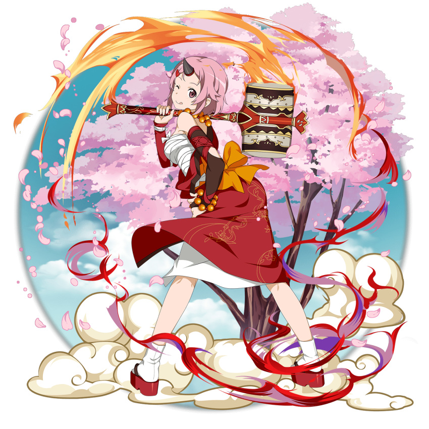 1girl ;p bridal_gauntlets brown_sleeves cherry_blossoms detached_sleeves from_behind full_body hair_ornament hairclip hand_on_hip highres holding holding_hammer japanese_clothes kimono leaning_forward lisbeth long_sleeves looking_at_viewer official_art one_eye_closed oni_horn pink_hair print_kimono red_kimono sarashi shiny shiny_hair short_hair solo sword_art_online tabi tongue tongue_out transparent_background violet_eyes white_legwear
