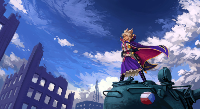 belt blonde_hair boots breasts brown_eyes building cape clouds cloudy_sky gloves highres holding holding_sword holding_weapon long_skirt medium_breasts purple_cape ruins sheath sheathed shirt skirt sky standing standing_on_object sword t-55 tank_top touhou toyosatomimi_no_miko u-joe weapon white_shirt