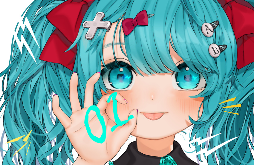 1girl :p absurdres aqua_hair bangs blush bow commentary_request gotoh510 hair_between_eyes hair_bow hair_ornament hand_up hatsune_miku highres long_hair looking_at_viewer ok_sign portrait red_bow simple_background solo tongue tongue_out vocaloid white_background x_hair_ornament
