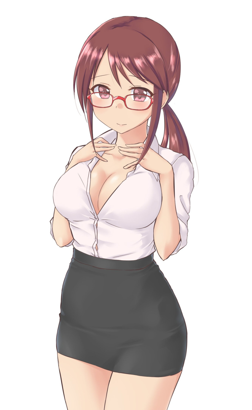 1girl aimobake bangs black_skirt blush breasts brown_hair button_gap cleavage closed_mouth collarbone collared_shirt commentary_request cowboy_shot dress_shirt glasses hands_on_own_chest hands_up high-waist_skirt highres idolmaster idolmaster_cinderella_girls large_breasts long_hair looking_at_viewer mifune_miyu pencil_skirt ponytail red-framed_eyewear red_eyes shirt shirt_tucked_in short_sleeves sidelocks simple_background skirt solo standing thighs uniform white_background white_shirt