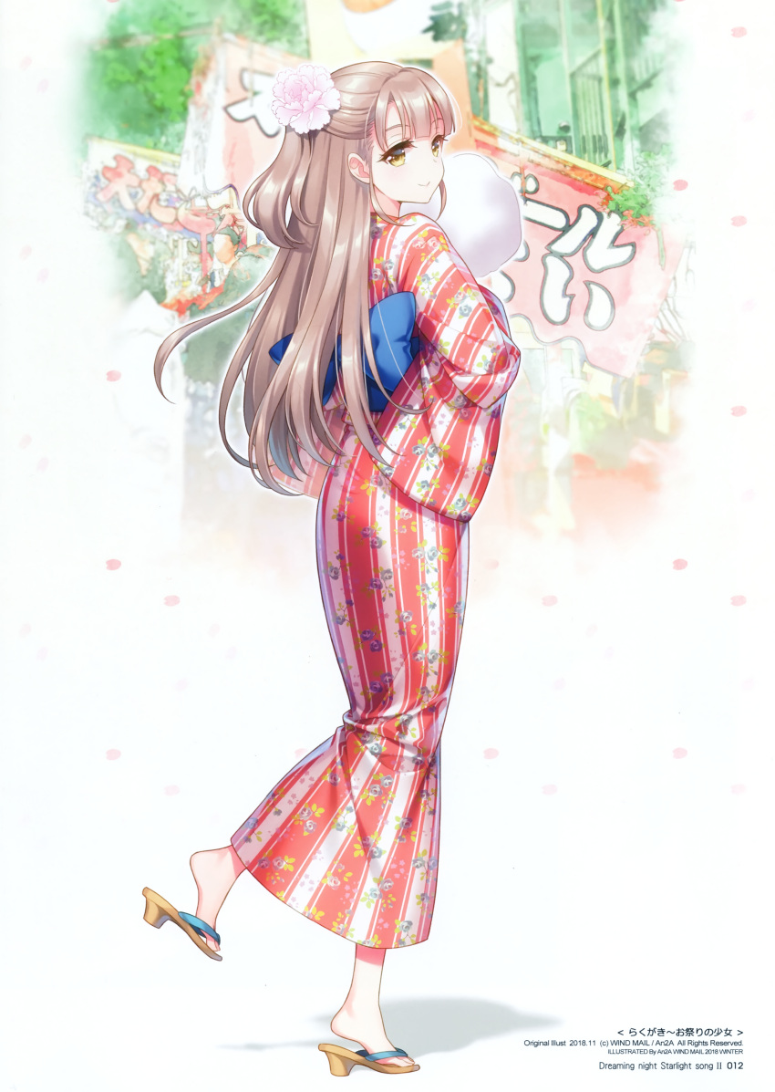1girl 2018 absurdres an2a artist_name back_bow bangs barefoot blue_bow bow brown_eyes brown_hair flower from_side hair_flower hair_ornament highres japanese_clothes kimono long_hair looking_at_viewer original page_number shiny shiny_hair solo striped striped_kimono very_long_hair walking white_background white_flower yukata