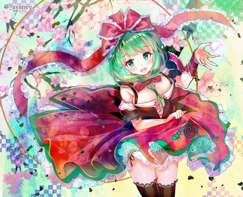 1girl adapted_costume alternate_costume ayane_yui bare_shoulders blush boots bow breasts commentary cowboy_shot dress frills front_ponytail green_eyes green_hair hair_between_breasts hair_bow hair_ribbon highres kagiyama_hina large_breasts long_hair looking_at_viewer open_mouth red_bow red_dress red_ribbon ribbon skirt skirt_lift smile solo spinning thigh-highs thigh_boots thighs touhou twitter_username