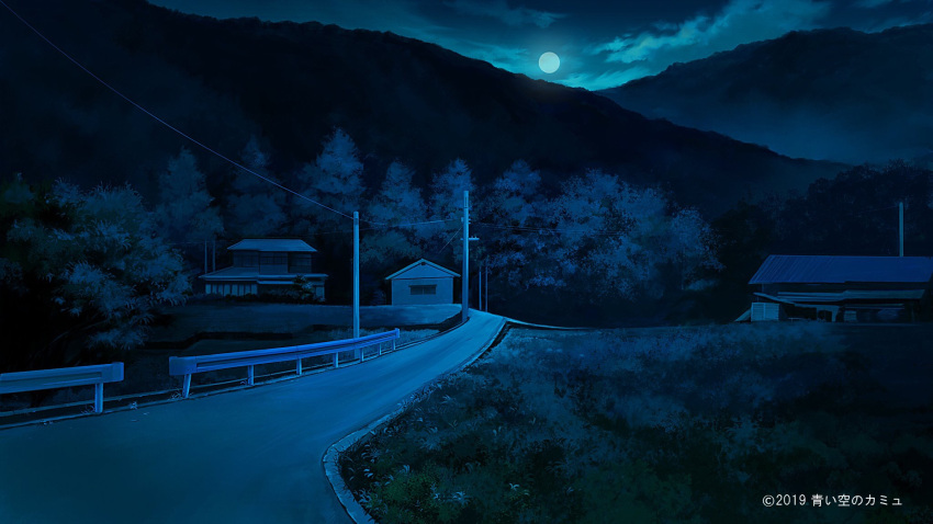 building clouds commission copyright_request full_moon grass highres kyarage_(soda) moon night power_lines road scenery tree watermark