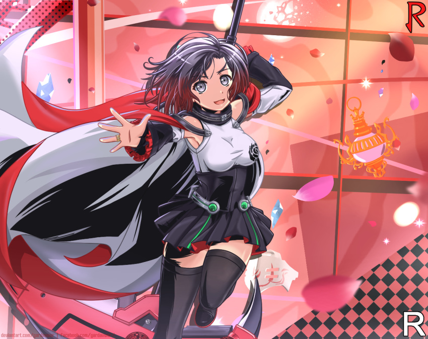 1girl black_hair crescent_rose gradient_hair grey_eyes multicolored_hair redhead relic_of_knowledge_(rwby) ruby_rose rwby