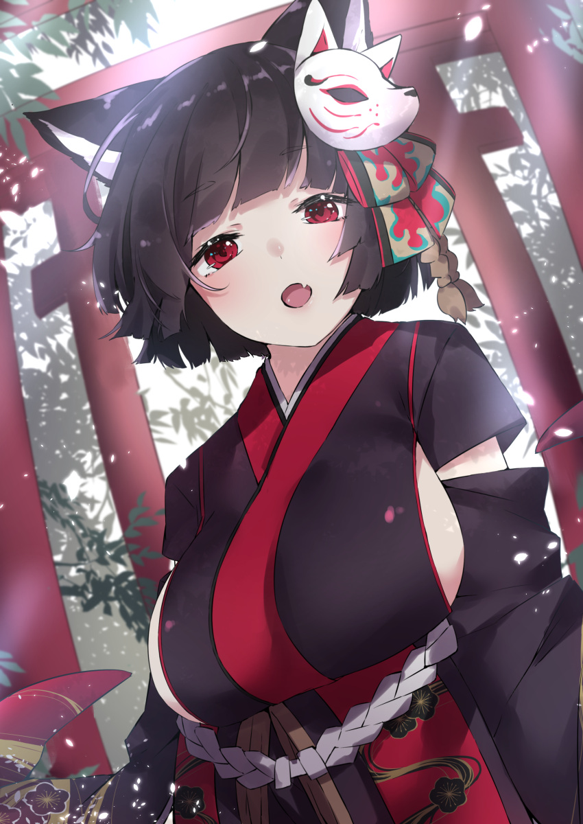 1girl :o absurdres animal_ears azur_lane bangs black_kimono blunt_bangs breasts cat_ears cat_mask commentary_request cotton_kanzaki eyebrows_visible_through_hair fang highres japanese_clothes kimono large_breasts looking_at_viewer mask mask_on_head outdoors red_eyes revision short_hair sideboob solo torii yamashiro_(azur_lane)