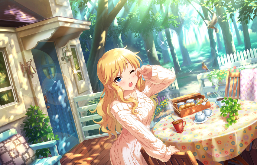 1girl aran_sweater arm_up artist_request bangs bell bench bird blonde_hair blue_eyes blush bread breasts chair coffee coffee_mug collarbone cup day deck door dutch_angle eyebrows_visible_through_hair fence flower food hand_up house idolmaster idolmaster_cinderella_girls idolmaster_cinderella_girls_starlight_stage lens_flare light_rays long_hair long_sleeves looking_at_viewer medium_breasts mug off_shoulder official_art one_eye_closed ootsuki_yui open_mouth outdoors picket_fence pillow plant potted_plant ribbed_sweater robin_(animal) solo sparkle standing sunbeam sunlight sweater swept_bangs table tablecloth tree upper_teeth white_sweater wooden_fence yawning