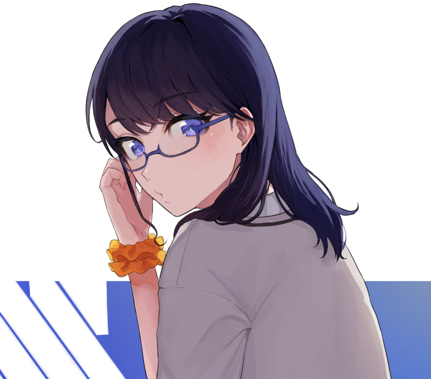 1girl bangs black_hair black_skirt blue_eyes bow cardigan eyebrows_visible_through_hair glasses hair_between_eyes hakisou highres long_hair looking_at_viewer looking_back scrunchie skirt solo ssss.gridman takarada_rikka upper_body wrist_scrunchie