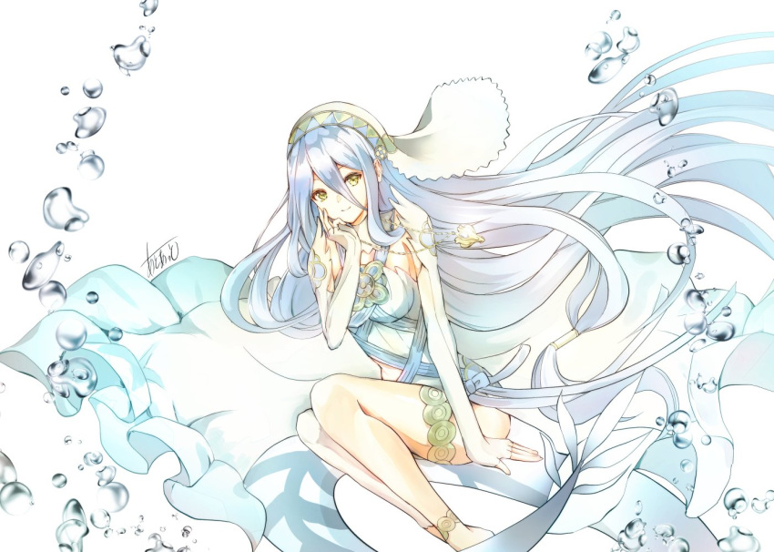 1girl aqua_(fire_emblem_if) atoatto blue_hair closed_mouth dress elbow_gloves fingerless_gloves fire_emblem fire_emblem_if gloves hair_between_eyes jewelry long_hair nintendo pendant signature simple_background smile solo veil white_background white_dress white_gloves yellow_eyes