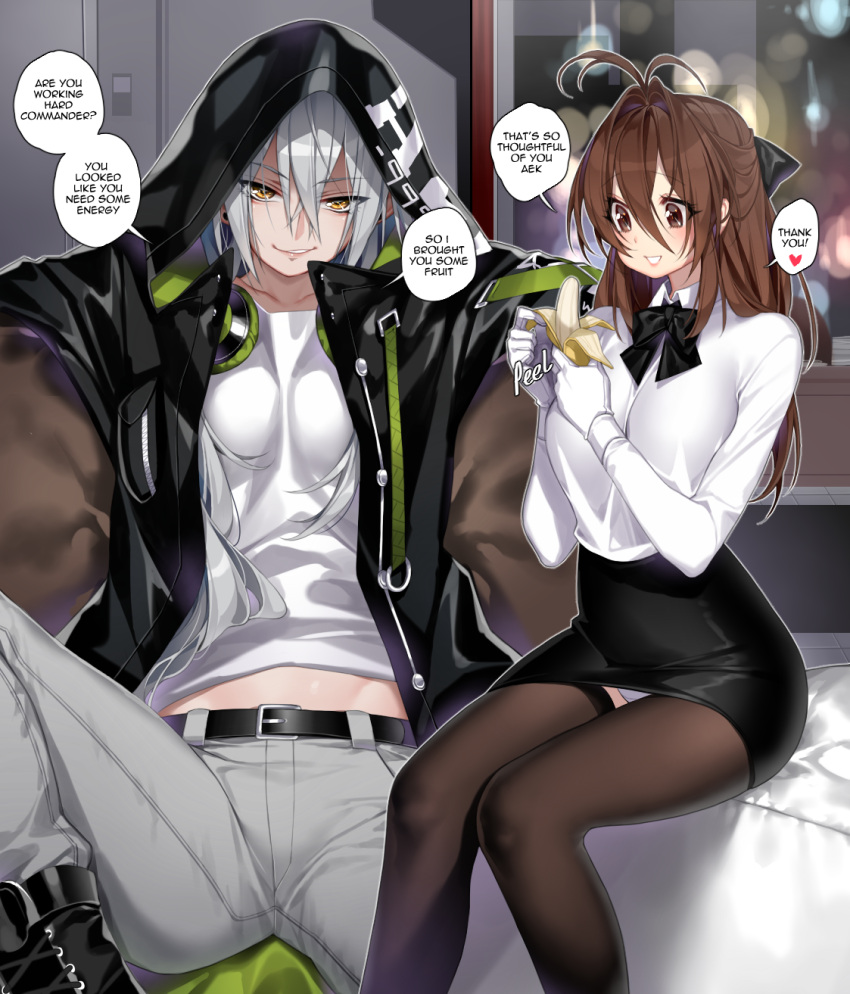 2girls aek-999_(girls_frontline) ahoge banana belt boots brown_eyes brown_hair couch deathalice english_text eyebrows_visible_through_hair female_commander_(girls_frontline) food fruit girls_frontline gloves hair_between_eyes headphones headphones_around_neck highres jacket long_hair looking_at_viewer multiple_girls pants shirt sitting skirt smile very_long_hair white_gloves yellow_eyes
