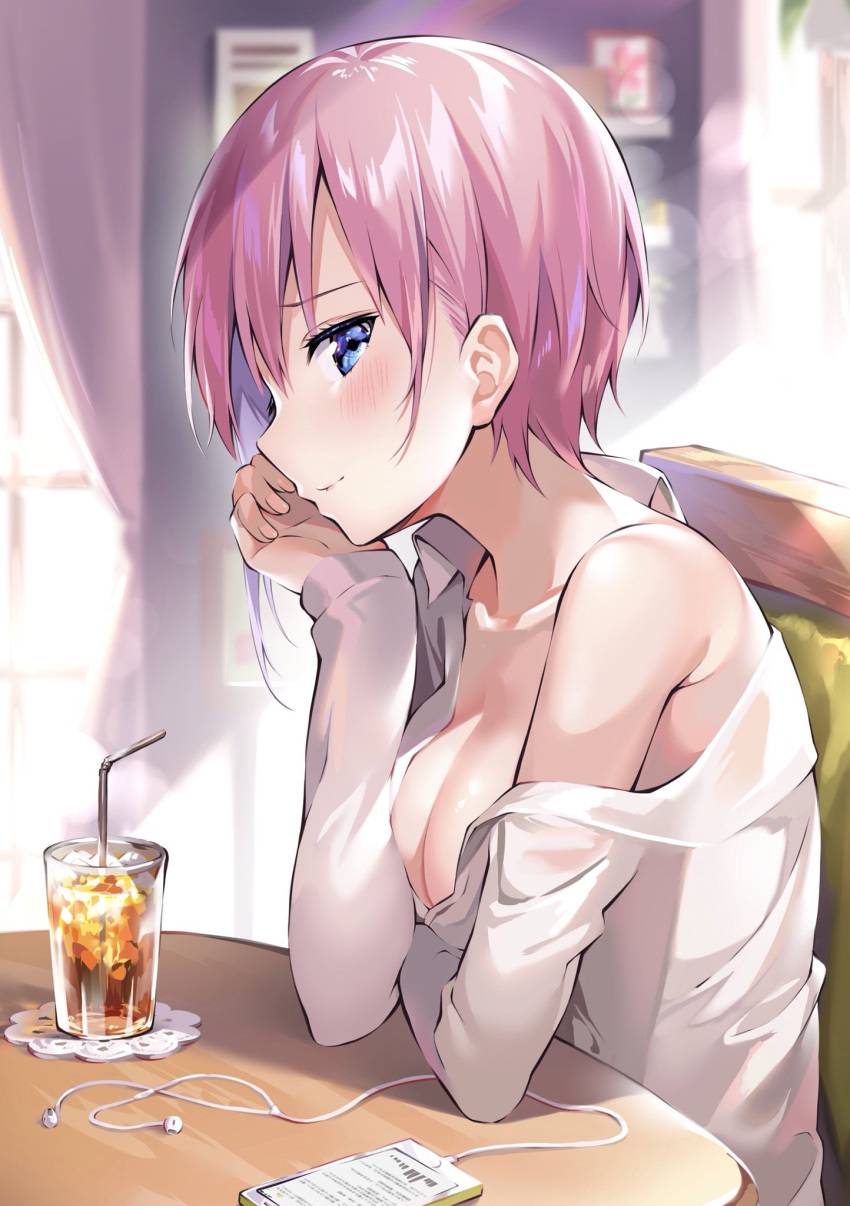 1girl ale_nqki arm_support bangs bare_shoulders bendy_straw blue_eyes blurry blurry_background blush breasts cable cellphone chair closed_mouth collarbone collared_shirt cup curtains day depth_of_field dress_shirt drink drinking_glass drinking_straw earplugs eyebrows_visible_through_hair eyelashes fingernails go-toubun_no_hanayome hair_between_eyes hand_on_own_cheek head_rest highres ice indoors large_breasts light_rays long_sleeves looking_at_viewer nail_polish nakano_ichika no_bra off_shoulder open_clothes open_shirt phone photo_(object) pink_hair pink_nails shiny shiny_skin shirt short_hair sideways_glance sitting smartphone smile solo sunbeam sunlight table white_shirt window wing_collar
