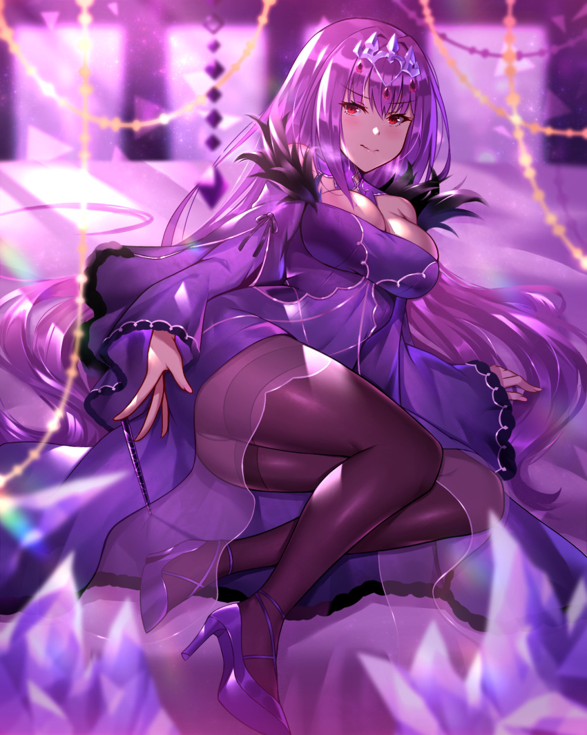 1girl bangs bare_shoulders black_fire_(peter02713) black_legwear breasts cleavage dress eyebrows_visible_through_hair fate/grand_order fate_(series) feather_trim hair_between_eyes headpiece high_heels highres large_breasts long_sleeves off-shoulder_dress off_shoulder pantyhose purple_dress purple_footwear purple_hair purple_ribbon red_eyes ribbon scathach_(fate)_(all) scathach_skadi_(fate/grand_order) solo thighband_pantyhose tiara wand wide_sleeves