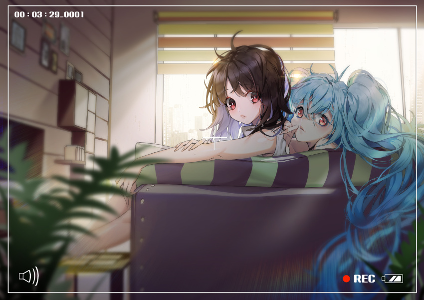 2girls absurdres blue_hair brown_hair c-ms_(girls_frontline) camera commentary_request couch girls_frontline highres huge_filesize long_hair looking_at_viewer multiple_girls recording red_eyes shipka_(girls_frontline) short_hair timestamp twintails window yamijam
