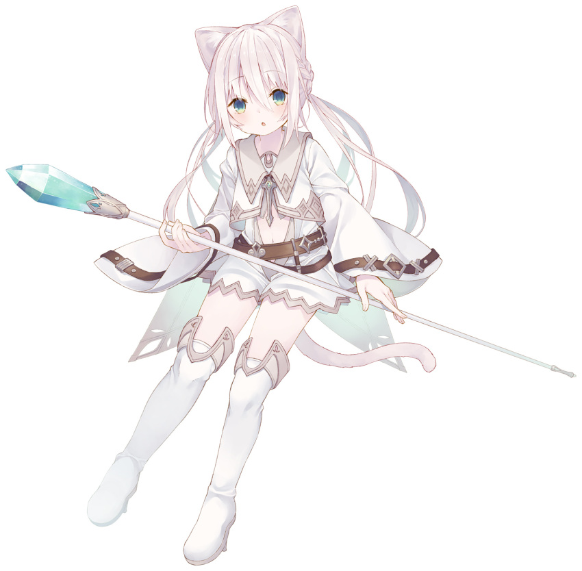 1girl :o animal_ear_fluff animal_ears bangs belt blush boots brown_belt cat_ears cat_girl cat_tail commentary_request crystal eyebrows_visible_through_hair fingernails full_body green_eyes hair_between_eyes highres holding holding_staff jacket long_hair long_sleeves looking_at_viewer navel original parted_lips short_jumpsuit silver_hair simple_background solo staff tail thigh-highs thigh_boots tokuno_yuika very_long_hair white_background white_footwear white_jacket white_jumpsuit white_legwear wide_sleeves