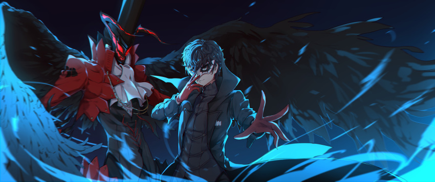 1boy absurdres amamiya_ren black_hair black_hat black_jacket black_shirt black_wings commentary english_commentary face_mask gloves half_mask hand_on_mask hat highres jacket looking_at_viewer male_focus mask persona persona_5 red_eyes red_jacket shirt short_hair smile solo standing upper_body wings yumuto_(spring1786)