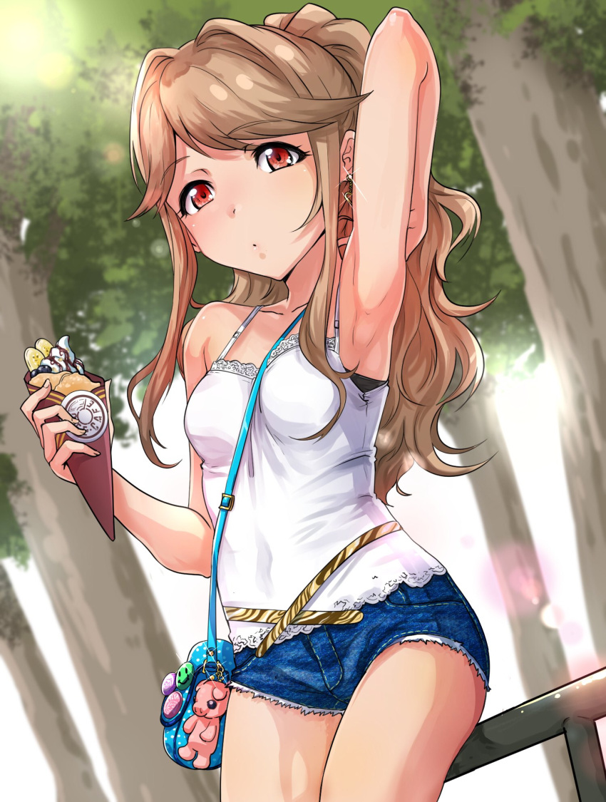 1girl arm_up armpits bag bare_legs bare_shoulders bra brown_hair camisole casual collarbone crepe denim denim_shorts earrings food handbag heart heart_earrings highres horn idolmaster idolmaster_million_live! jewelry long_hair ponytail red_eyes short_shorts shorts sitting sleeveless solo stuffed_animal stuffed_pig stuffed_toy takahiro_(crimsono_bolt) tenkuubashi_tomoka tree underwear wavy_mouth